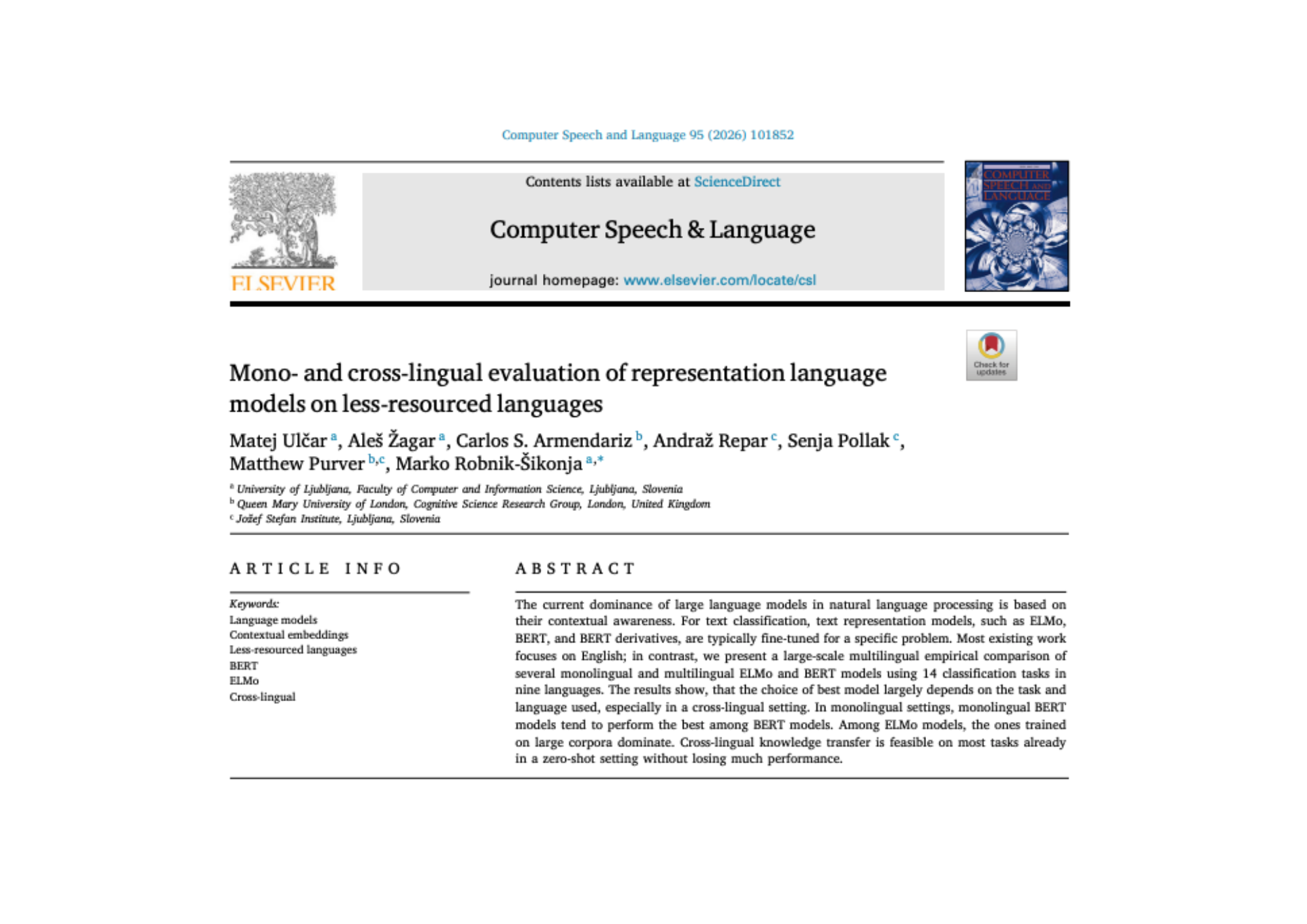 Mono- and cross-lingual evaluation of representation language models on less-resourced languages